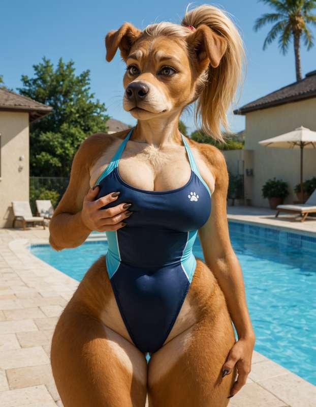 Curvy Dog Girl in a Swimsuit
