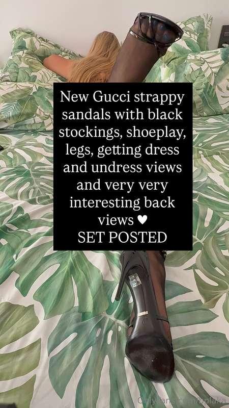 New Gucci strappy sandals with black stockings, shoeplay, le..