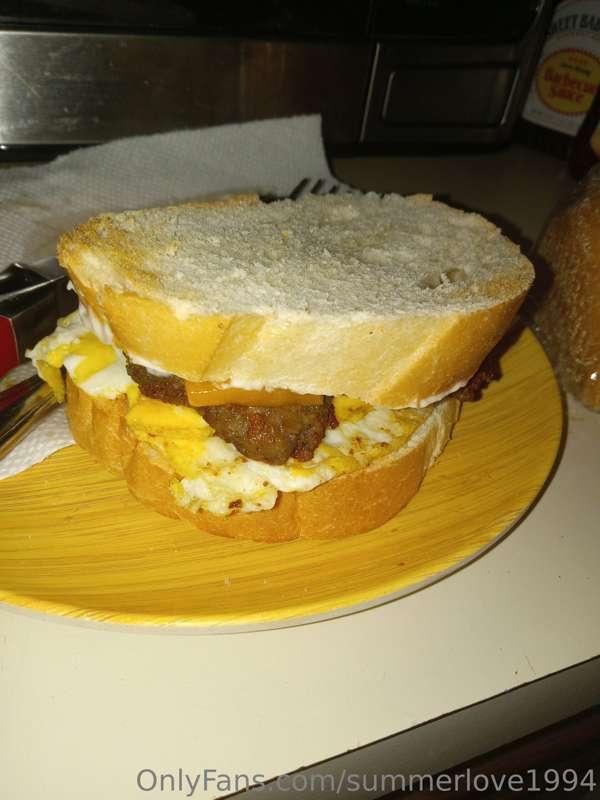 Sausage,egg, and cheese sandwich with caramel macchiato coff..