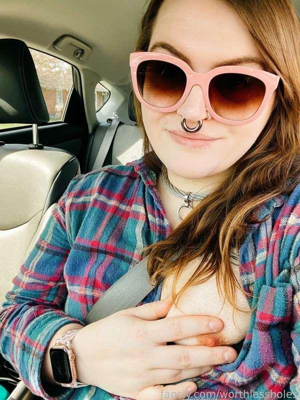 It’s weird, because I’m super shy. Like in every way. But in my car I love taking my tits and holes out. There’s a weird sense of security even when in traffic and busy parking lots.

#fyp #boobs #tits #nipples #flash #public #publicnudity #flashing #septumpiercing #septum #collared #collar #slave #holdthemoan  