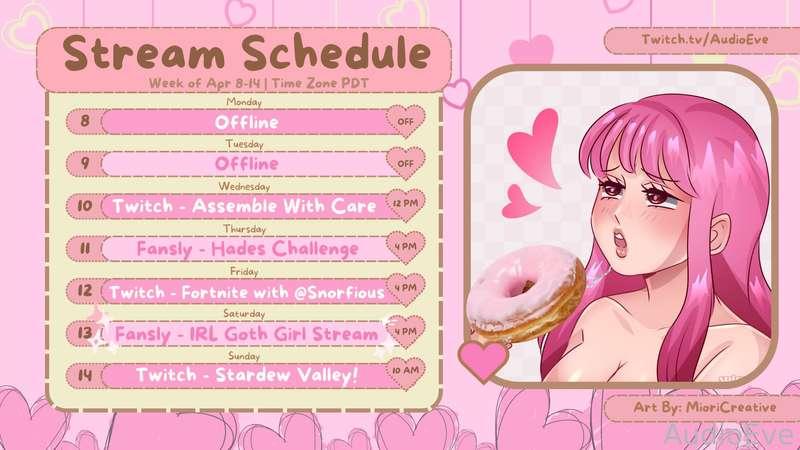 Hey all! Here is the schedule for this week! We're revisiting the Hades challenge this week and doing another FREE IRL stream! Hope to see you on stream!!

PS. There will be a video out for the goth girl stream, and two more ASMR roleplays on here this week~



#fyp | #asmr | #vtuber | #lewdtuber | #hentai | #livestream | #streamer 