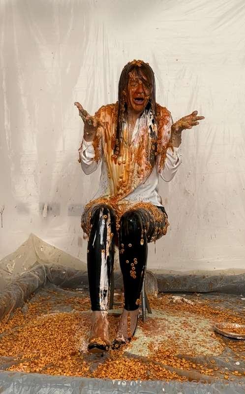 Pie face!!! Full on messy session! Crisp white shirt, leathe..