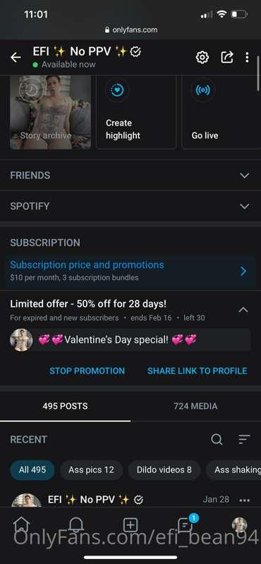 https://onlyfans.com/efibean94-vip
50% off for Valentine’s D..