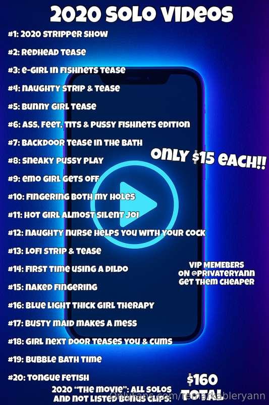 2020 Solo Video Tip Menu + Previews 💦$15 each or get all for..