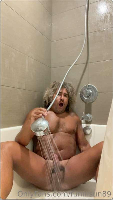 Pleasuring my cock with the spray of the shower!