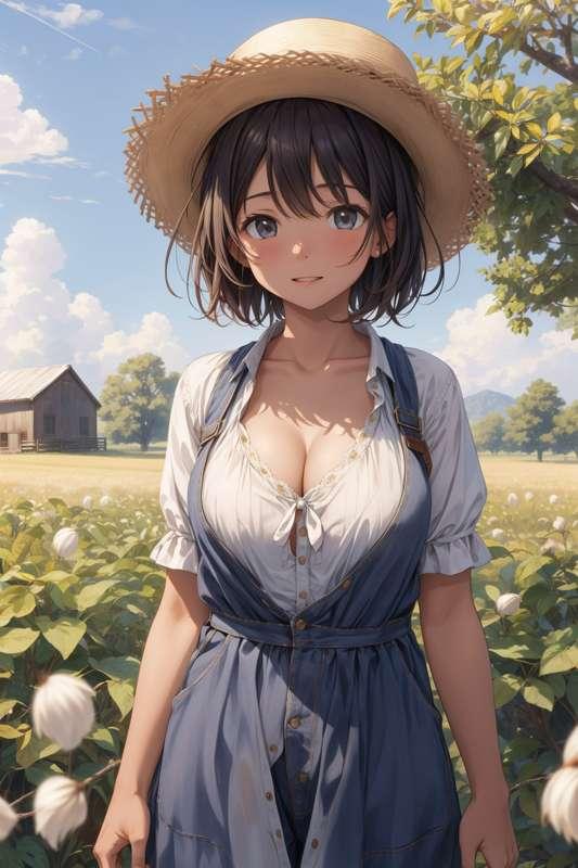 Woman working on a vast farm growing cotton
