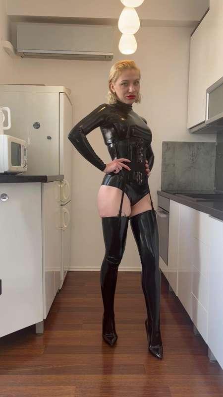 In latex at the kitchen