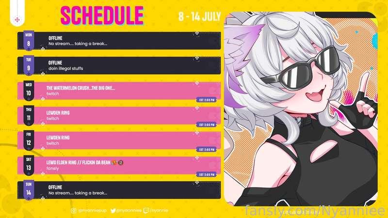 ⚡️ STREAM SCHEDULE JULY 8 - 14 ⚡️

✖︎ OUR NEXT LEWD STREAM ON FANSLY WILL BE THIS SATURDAY, 2:00pm 🔞

✖︎ WE WILL BE DOING MORE ELDEN RING, WITH PLENTY OF SPANKING, BARKING, AND MAYBE ILL PISS MYSELF FOR YOU, IF YOU DEGENS EARN IT 🥰

See you there &lt;3 