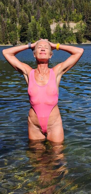 Pink very sheer swimsuit lol not for the public pool 😅 