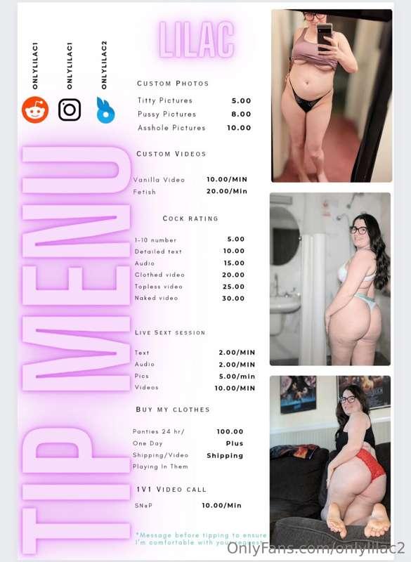 Here's my new tip menu. Message me if you're interested in a..