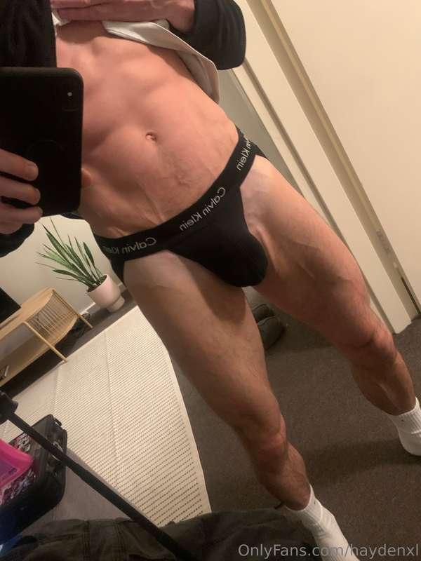 Just my ass, my big cock hanging heavy and a bit of pits for..