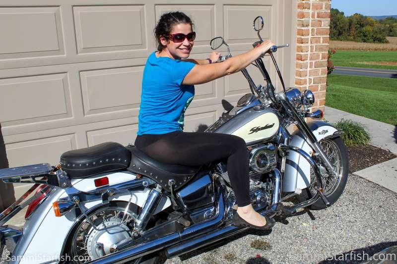 Here's me sitting on the motorcycle in some see through yoga..