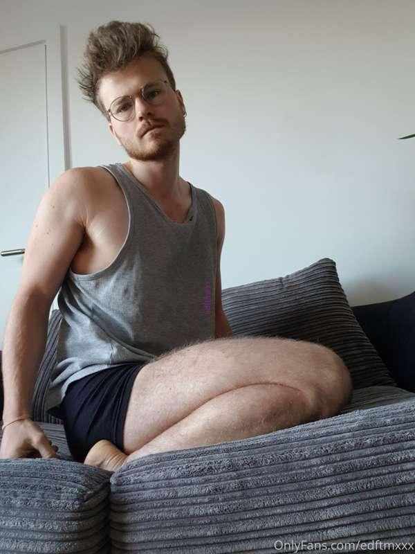 Thick thighs, hairy ass, chilling on the sofa and flashing y..