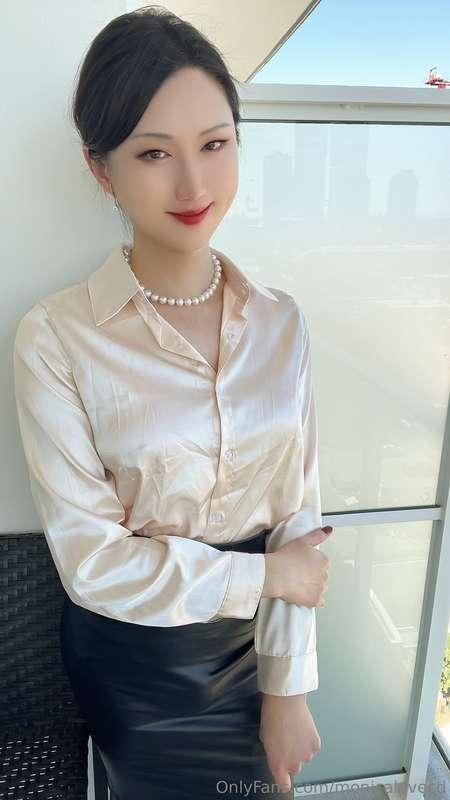 Madame Monica In Champagne Satin Shirt At Outdoor