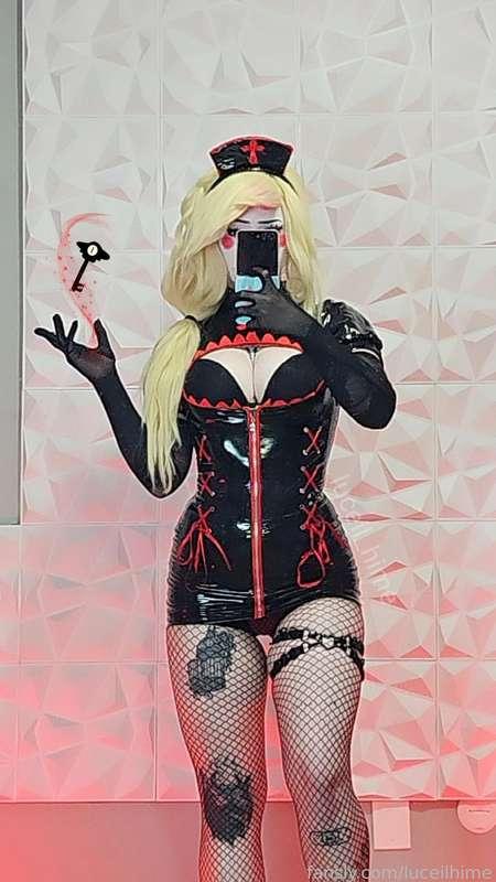 Outfit for Charlie today 🖤❤️ time to film 🎥 

#hazbinhotelcharlie #hazbinhotel#cosplay#anime#latex#fetish#alt#goth#dommy#femdom