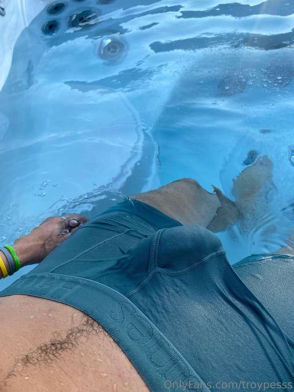 Chillin’ by the pool in just my boxers…Dick’s hard as fuck a..