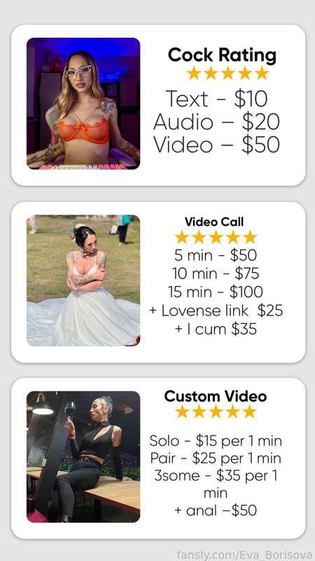 ✅ Tip Menu ✅
------------------------------------------------------
Dick Rating
💥Text — $10
💥Audio — $20
💥Video — $50

VideoCall
(here or in other platform)
💥5 min — $50
💥10 min — $75
💥15 min — $100
  + Lovense link $25
  + I cum 35$

Custom Photo
💥Welcome — 10$ — my photo with text "Welcome your nickname"
💥On Demand — 50$ — 5-10 photos with me on your
  + Cost of New Lingeries
  +Cost of Place Rent 
💥NFT gift — 100$

Custom Video
💥Solo — $25 + $15 per 1 min
  + anal — 50$
💥Couple — $50 + $25 per 1 min
💥Threesome — $100 + 35$ per 1 min

💥💥💥 SUPERPROMO = $500 ALL INCLUDE 💥💥💥

#tip #tipmenu #evaborisova #transgender #transwoman #transgirl #transwife #transsexwife #translife #trans #tgirl #tranny #shemale #transsexual #ts #tg #domina #dominatrix #transdomme #domme #femdom #girlcock