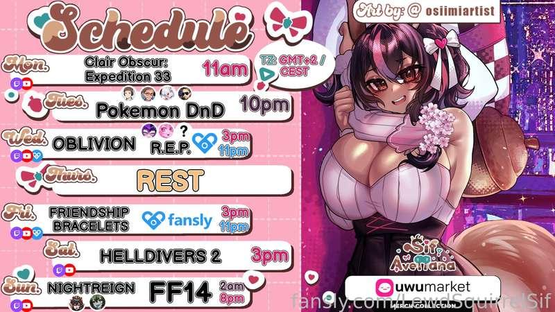 SCHEDULE  MAY 26- JUN 1 🌸GMT+2🌸

🌰M - French Class 33
🌰T- Pkm DnD
🌰W - Side Quest + 🔞REPO w/ @battiechan @AvaLamp  @bunnymando @GoddessReverie @NightShiftNyx @MamaBlu 🔞 
🌰F - POWER of FRIENDSHIP + 🔞
🌰ST- Visiting Super Earth 
🌰S - Nightreign w/ @MistressM_ &amp; HayzinevVT + FF14 

✨MERCH DOWN HERE🔽🔽🔽
https://uwumarket.us/collections/sif-avellana

Follow me on
💚 http://twitch.tv/sifavellana 
💚 https://twitter.com/MassiveNutsSif
💚 https://bsky.app/profile/sifavellana.massivenuts.dk
💚 https://youtube.com/@MassiveNutsSif
💚 https://www.tiktok.com/@massivenutssif

🎁 Lovense wishlist &amp; funding
 https://www.lovense.com/wish-list/ej7u
 https://www.lovense.com/wish-list/ej7u
🎁Throne wishlist
 https://throne.me/sifavellana

Extra Support
✨ https://www.lovense.com/r/6bikjb (affiliate)
✨ https://www.otonajp.com?xid=sfvL  or add ?xid=sfvL to any product URL and use code "NUTTERS" to get 10% off
✨ https://gamersupps.gg/nutlet
✨ https://uwumarket.us/collections/sif-avellana

*Schedule may change due to squirrels chaotic nature

#vtuber #schedule #fyp