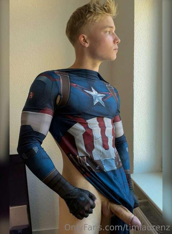 Oh no😬 My big cock is hanging out of my captain america cost..
