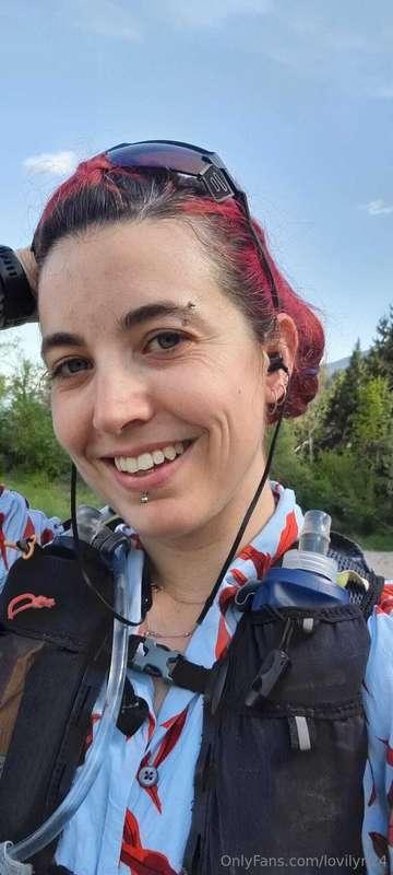 Mountain trail running training flash boob's, with a spectat..