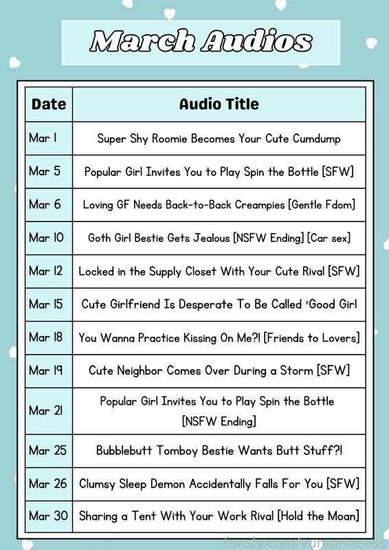 💦 March audio schedule 💦

so many hots ones coming out this month hehe~ 

#audioporn #asmr #audio #voiceactress #hentai