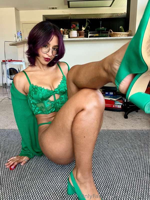 A large collection of photos of me in a full green lingerie ..