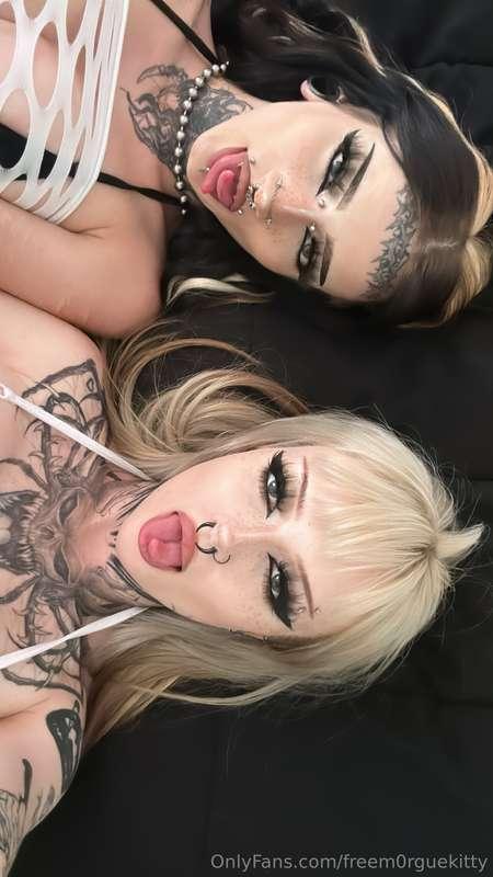 me and @nikkibitez use our split tongues on a tentacle dildo..