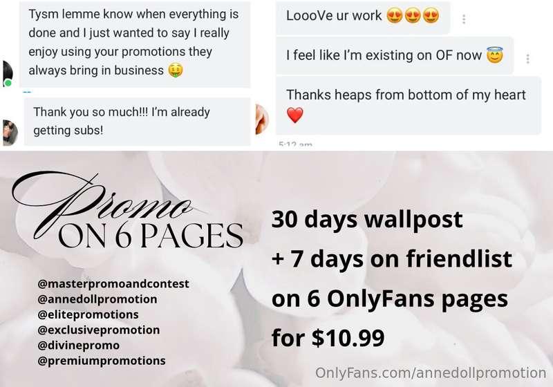 Promo on 6 OnlyFans pages:– 30 days wallpost on 6 pages– 7 d..