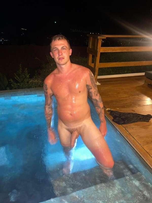 Just by the pool and my hard cock just can't contain it self..