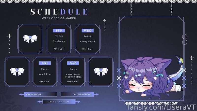 Some spooky gamin' this week then a comfy ASMR stream on Twitch! Later into the week I'll be taking you out on a date for Easter!🐰🌷 💕

♡Twitch: https://twitch.tv/liseravt
♡Twitter: https://twitter.com/LiseraVT
♡Discord: https://discord.com/invite/JjtuxR9d9q
♡All links: https://lisera.carrd.co

[Art by @/yuchibiri oops &gt;w