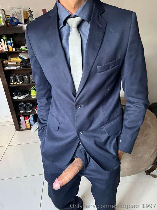 Big dick slipped out of pants after arriving from work at th..