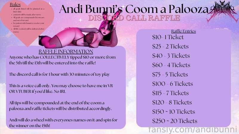 🐰DISCORD CALL RAFFLE🐰

INFORMATION: 
Anyone who has COLLECTIVELY tipped $10 or more from the 5th till the 13th will be entered into the raffle! 

The discord call is for 1 hour with 30 minutes of toy play

This is a voice call only. You may choose to have me in VR OR VTUBER if you’d like. No IRL 

All tips will be compounded at the end of the coom a palooza and raffle tickets will be distributed accordingly. 

Andi will do a wheel with everyones names on it and spin for the winner on the 15th! 

Tip Amount Entries ~ 

$10- 1 Ticket
$25 - 2 Tickets
$40 - 3 Tickets
$60 - 4 Tickets
$75 - 5 Tickets
$100 - 6 Tickets
$115 - 7 Tickets
$120 - 8 Tickets 
$150 ~ 10 Tickets 
$250 ~ 20 Tickets
(if you have tipped over 250 please message me) 

🐰 [ #vr #lewdtuber #vtuber #tits #ass #solo #fyp #foryou #hentai ] 🐰