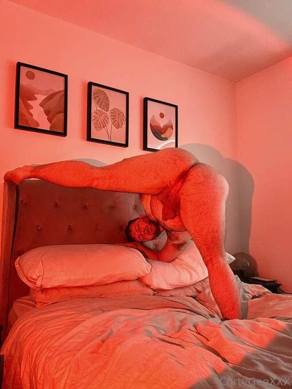 Put one leg on the headboard, leave the other leg on the mat..