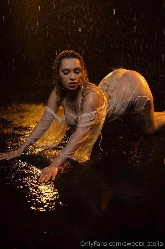 I am kneeling... the rain is soaking me, my clothes are now ..