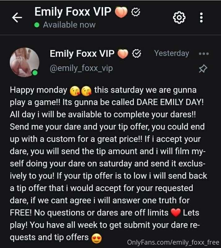 Saturday is DARE EMILY DAY on my VIP page!! Wanna come play?..