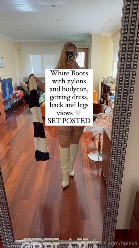 White Boots with nylons and bodycon, getting dress, back and..