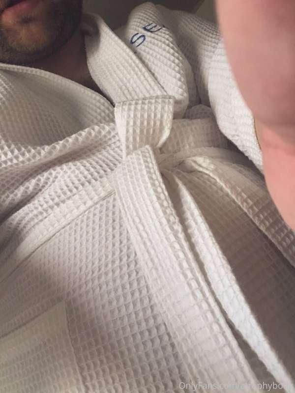 Post shower with my white waffle robe. Still a little damp f..