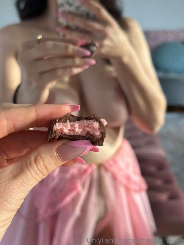 Indulging in my favorite strawberry crème filled chocolates ..