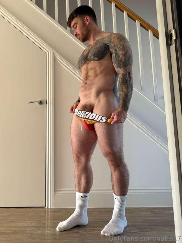 New trunks! It’s shame my semi hard cock can’t fit in them 🤪..