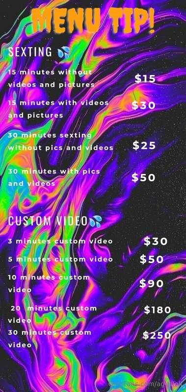 ✨️I leave you the tip menu of my services, any price is talk..
