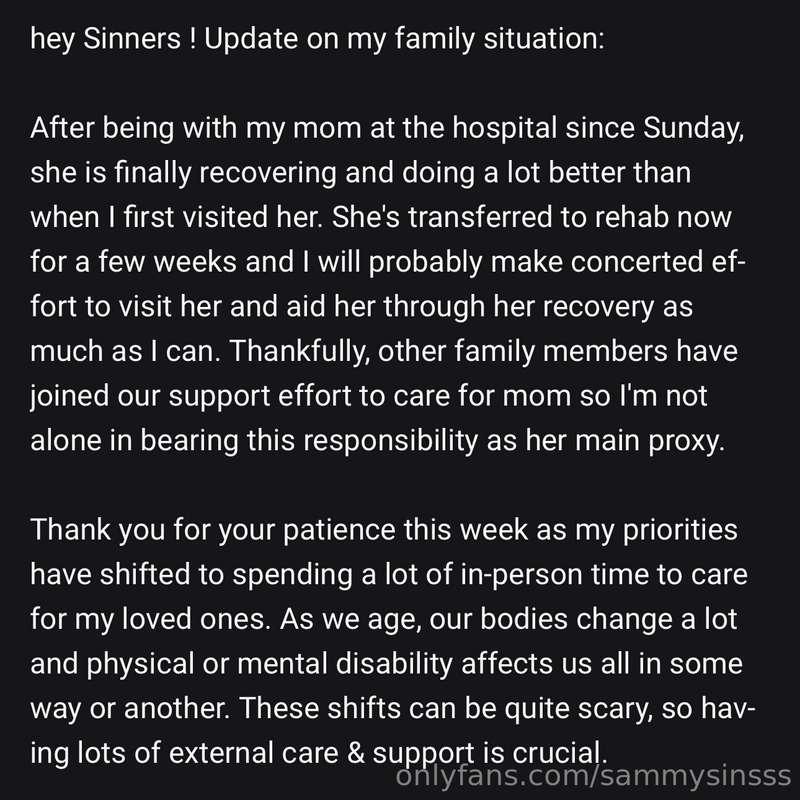 hey Sinners ! Update on my family situation:  After being wi..