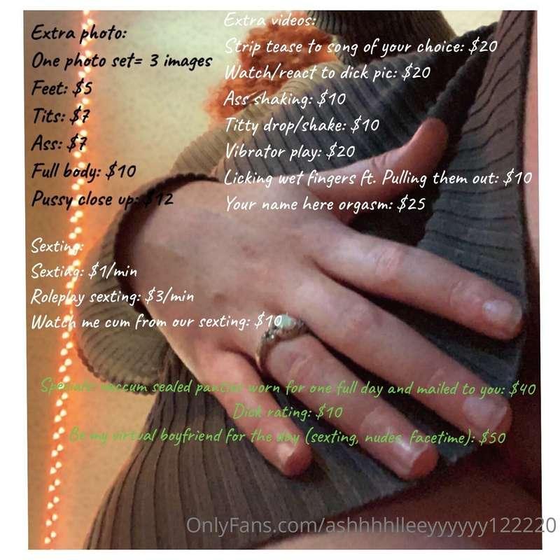 Here’s my menu!!! 
If you have any questions feel free to as..