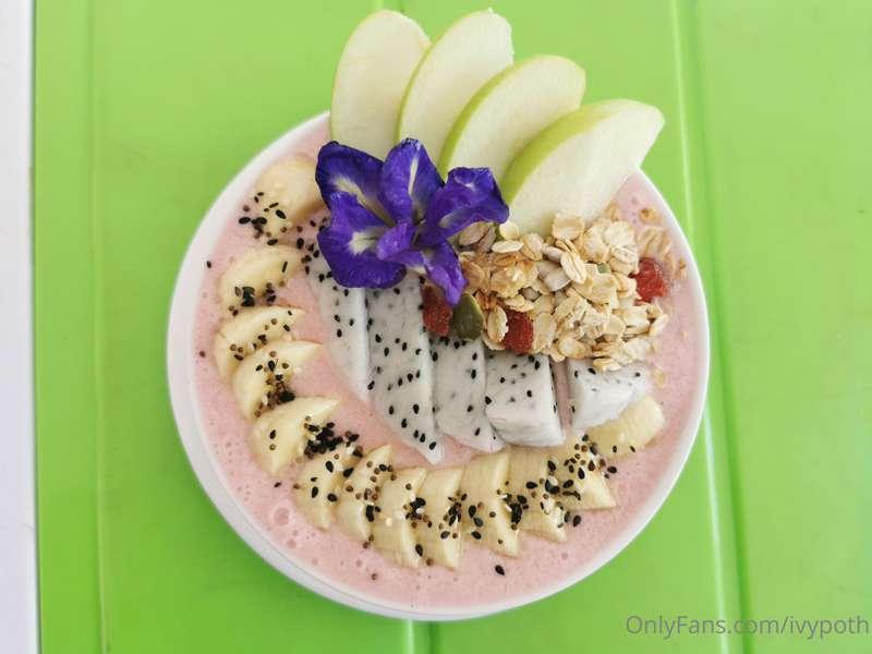Strawberry + Banana + Peach smoothie bowl. Mashed Avocado to..