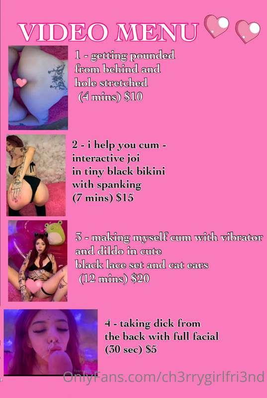 VIDEO MENU🌷🍓
if you’re interested in any of these - send me ..
