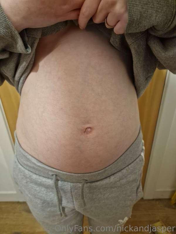 My big belly! My belly button is starting to push out. We he..