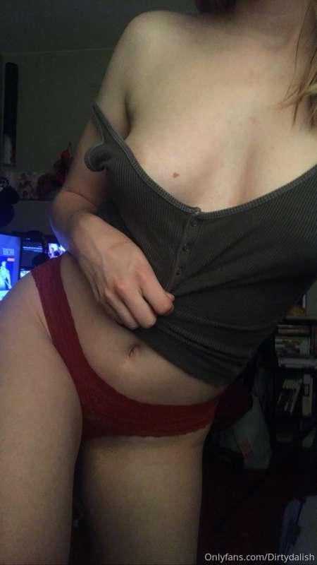 Lace undies and a tank top that perfectly shows off my titti..