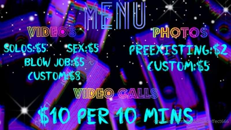 My content menu. Prices as shown and message me for hookup p..