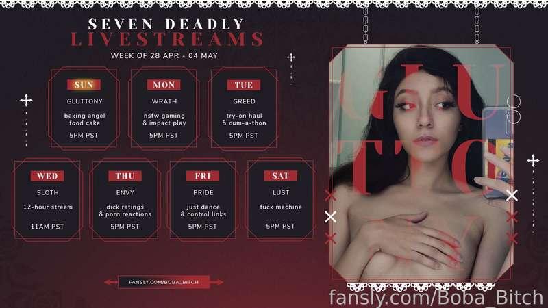 First day of Seven Deadly livestreamsss! 😈 I'll be baking angel food cake later today (Who doesn't love a touch of irony, haha)—come hang out!

fansly.com/live/boba_bitch