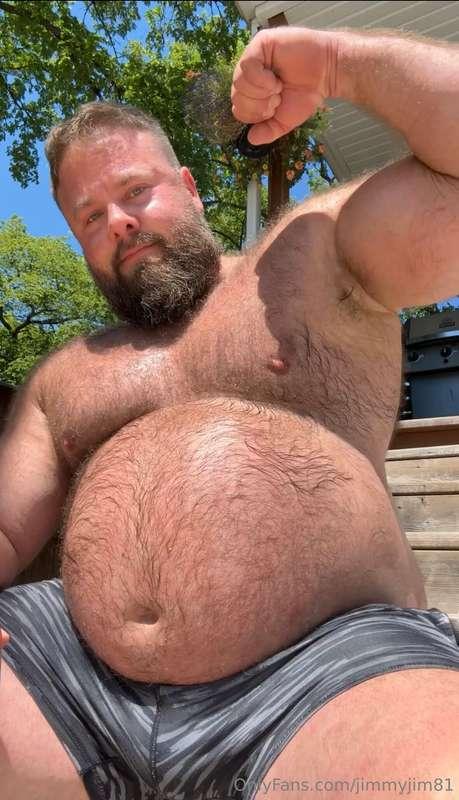 Big hairy dad mowing the lawn 