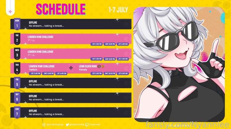 🞮 WEEKLY SCHEDULE 7.1 - 7.7 🞮

🞮 OUR NEXT LEWD STREAM WILL BE THURSDAY 🔞🥵
🞮 ILL BE ATTEMPTING YET ANOTHER ELDEN RING BOSS WHILE CHAT FUCKS ME AND TRIES TO BREAK MY FOCUS 🥰 

🞮 TUESDAY AND WEDNESDAY, WE'LL BE OVER ON TWITCH 💜

🞮 IM EXCITED, SEE YOU THERE &lt;3 